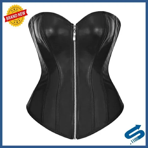 Faux Leather Zipper Front Bustier Corset Top S/M/L/XL/XXL